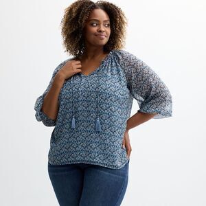 PREMISE 3/4-Sleeve Ruffle Tie Neck Printed Blouse, NWT! Size 3X